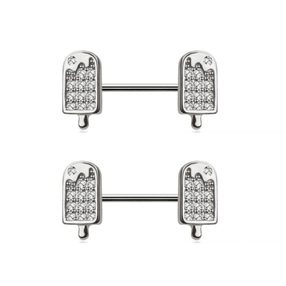 CZ Crystal Ice Cream Bar Nipple Barbells - Pair - 316L Stainless Steel