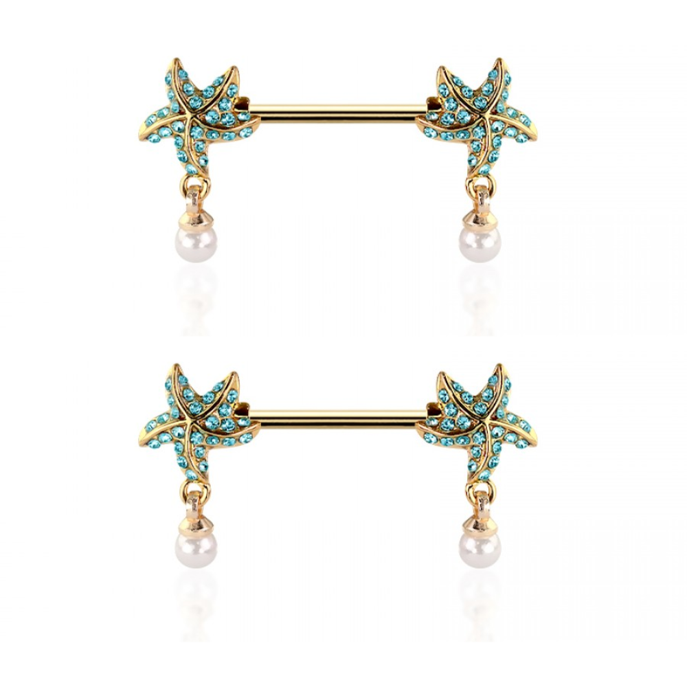 Aqua CZ Crystal Starfish with Dangling Simulated Pearls Nipple Barbells - Pair - 316L Stainless Steel
