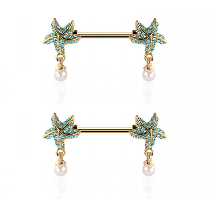 Aqua CZ Crystal Starfish with Dangling Simulated Pearls Nipple Barbells - Pair - 316L Stainless Steel