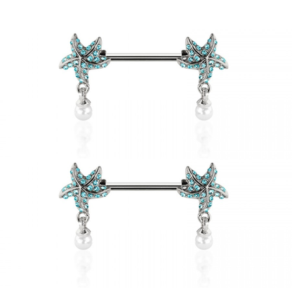 Aqua CZ Crystal Starfish with Dangling Simulated Pearls Nipple Barbells - Pair - 316L Stainless Steel