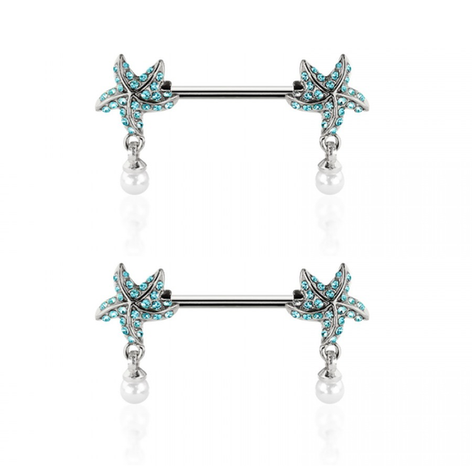 Aqua CZ Crystal Starfish with Dangling Simulated Pearls Nipple Barbells - Pair - 316L Stainless Steel