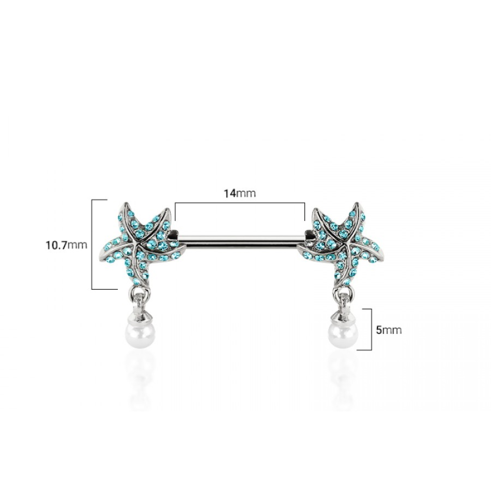 Aqua CZ Crystal Starfish with Dangling Simulated Pearls Nipple Barbells - Pair - 316L Stainless Steel