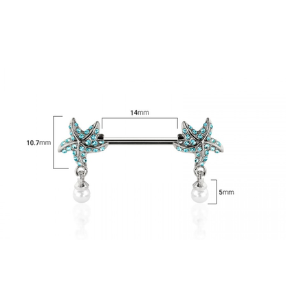Aqua CZ Crystal Starfish with Dangling Simulated Pearls Nipple Barbells - Pair - 316L Stainless Steel
