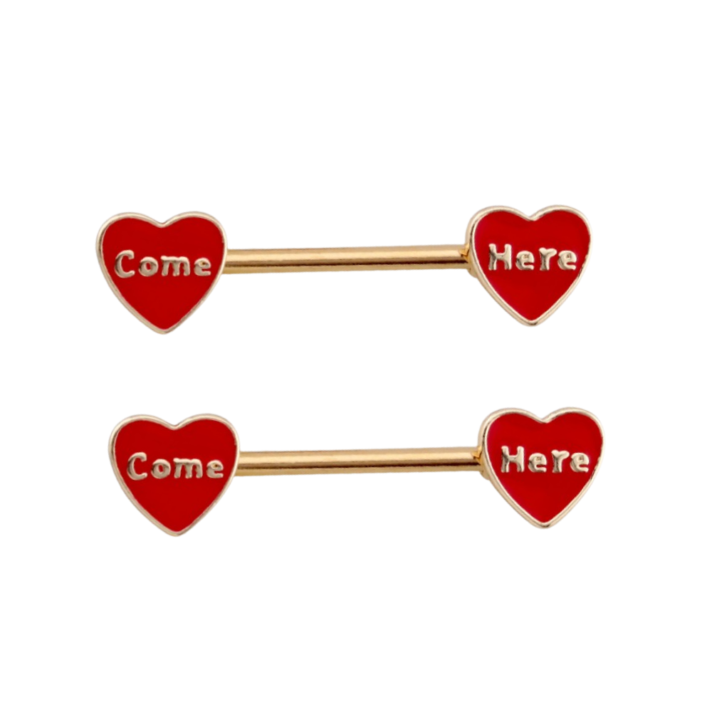 Come Here Red Heart Nipple Barbells - Pair - 316L Stainless Steel