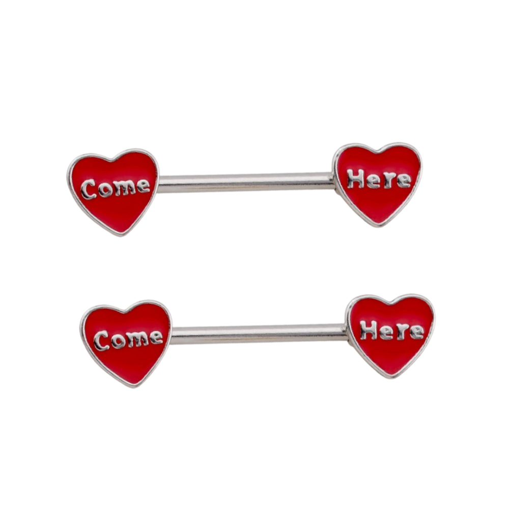 Come Here Red Heart Nipple Barbells - Pair - 316L Stainless Steel