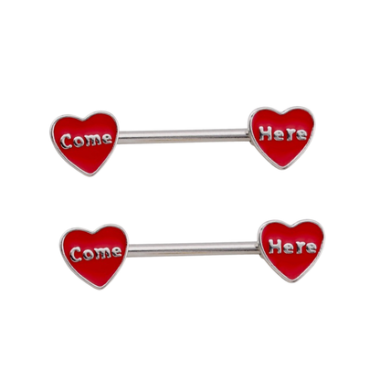 Come Here Red Heart Nipple Barbells - Pair - 316L Stainless Steel
