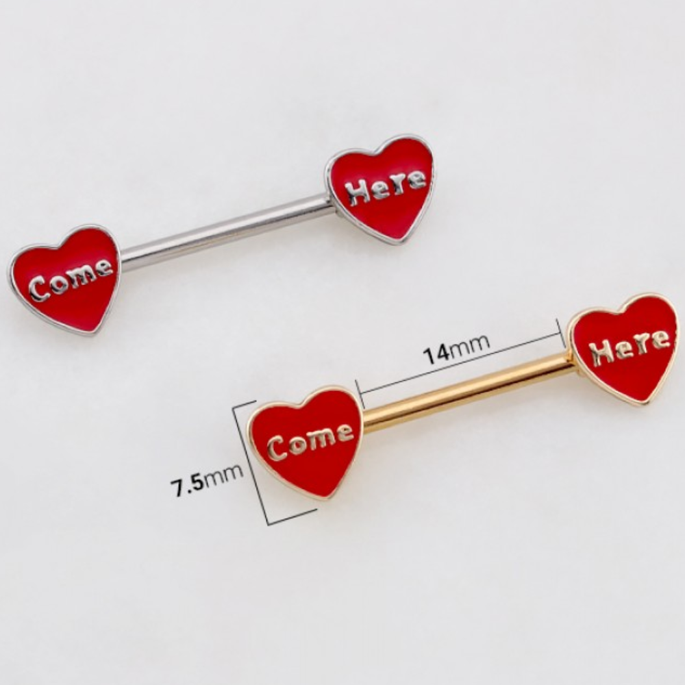 Come Here Red Heart Nipple Barbells - Pair - 316L Stainless Steel