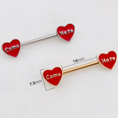 Come Here Red Heart Nipple Barbells - Pair - 316L Stainless Steel