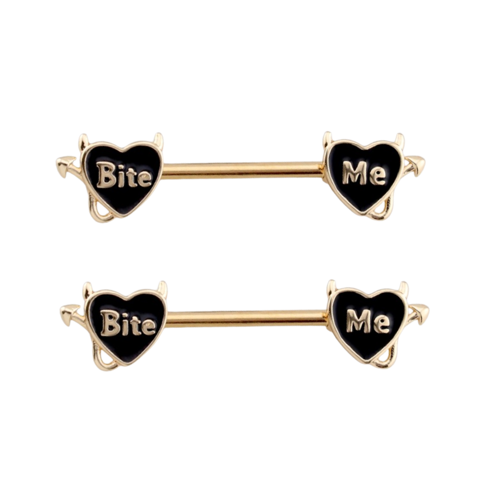 Devil Heart Bite Me Nipple Barbells - Pair - 316L Stainless Steel