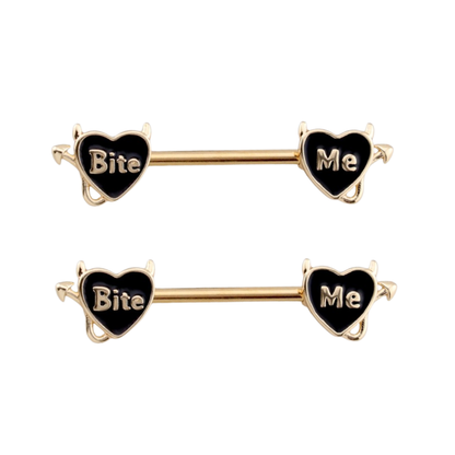 Devil Heart Bite Me Nipple Barbells - Pair - 316L Stainless Steel