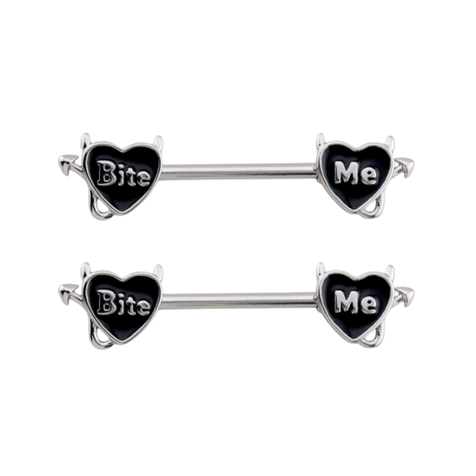 Devil Heart Bite Me Nipple Barbells - Pair - 316L Stainless Steel