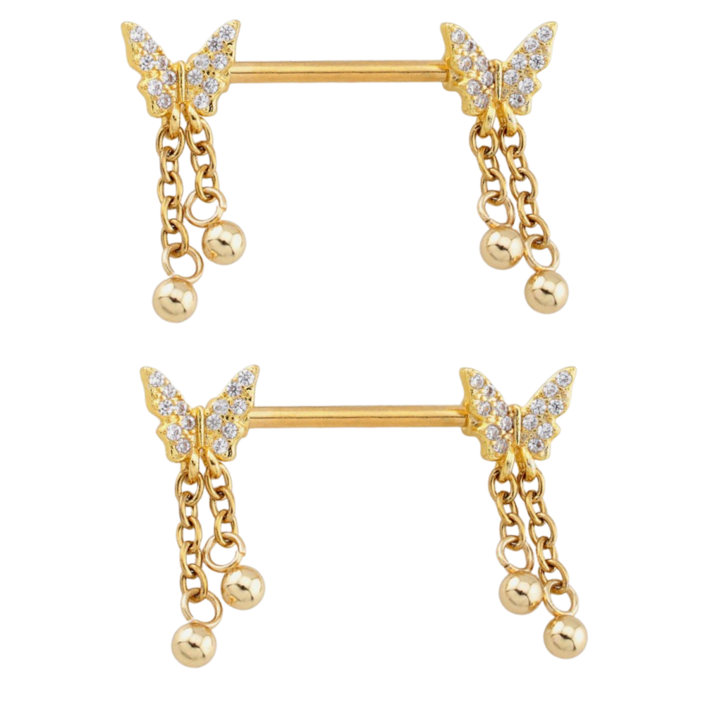 CZ Crystal Butterfly with Dangling Chains Nipple Barbells - Pair - 316L Stainless Steel