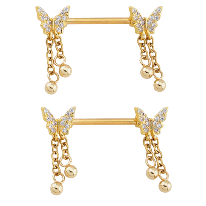 CZ Crystal Butterfly with Dangling Chains Nipple Barbells - Pair - 316L Stainless Steel