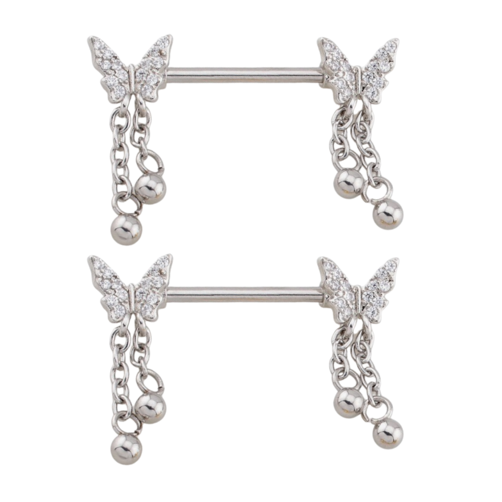 CZ Crystal Butterfly with Dangling Chains Nipple Barbells - Pair - 316L Stainless Steel