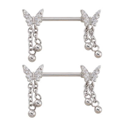 CZ Crystal Butterfly with Dangling Chains Nipple Barbells - Pair - 316L Stainless Steel