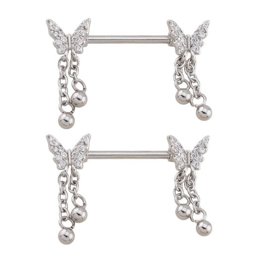 CZ Crystal Butterfly with Dangling Chains Nipple Barbells - Pair - 316L Stainless Steel