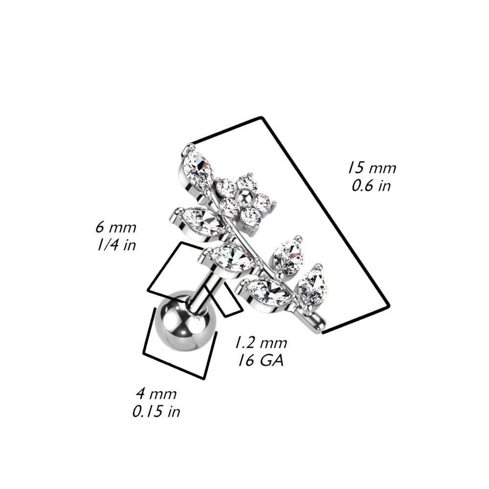 CZ Crystal Flower and Vine Top Barbell - 316L Stainless Steel