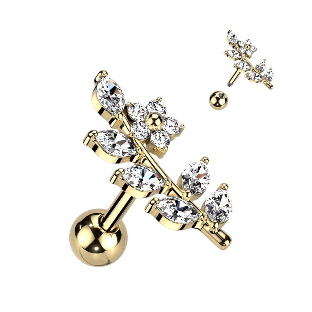 CZ Crystal Flower and Vine Top Barbell - 316L Stainless Steel