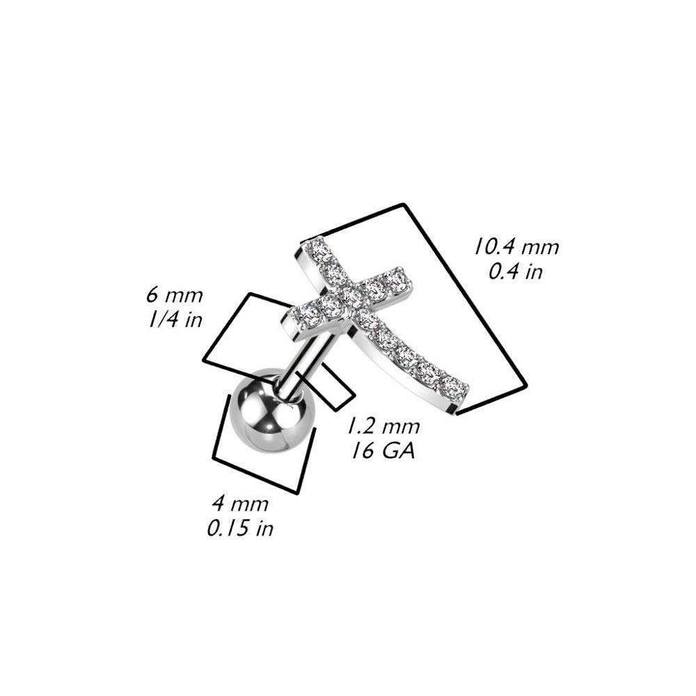 CZ Crystal Paved Curved Cross Top Barbell - 316L Stainless Steel