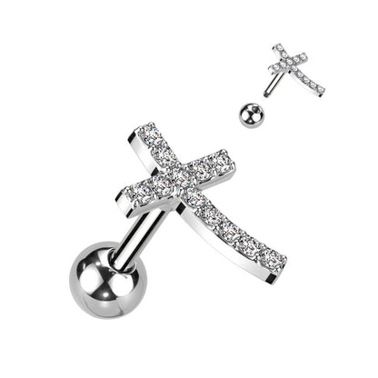 CZ Crystal Paved Curved Cross Top Barbell - 316L Stainless Steel