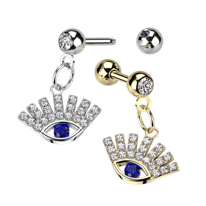 CZ Crystal Paved Lucky Eye Dangling Barbell - 316L Stainless Steel