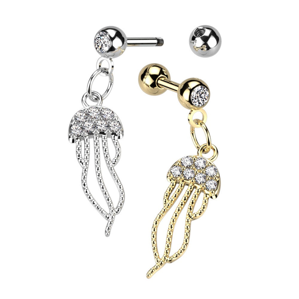 CZ Crystal Paved Jellyfish Dangling Barbell - 316L Stainless Steel
