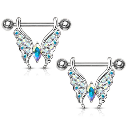 Crystal Paved Butterfly Nipple Barbells - Stainless Steel - Pair