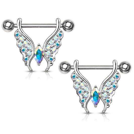 Crystal Paved Butterfly Nipple Barbells - Stainless Steel - Pair