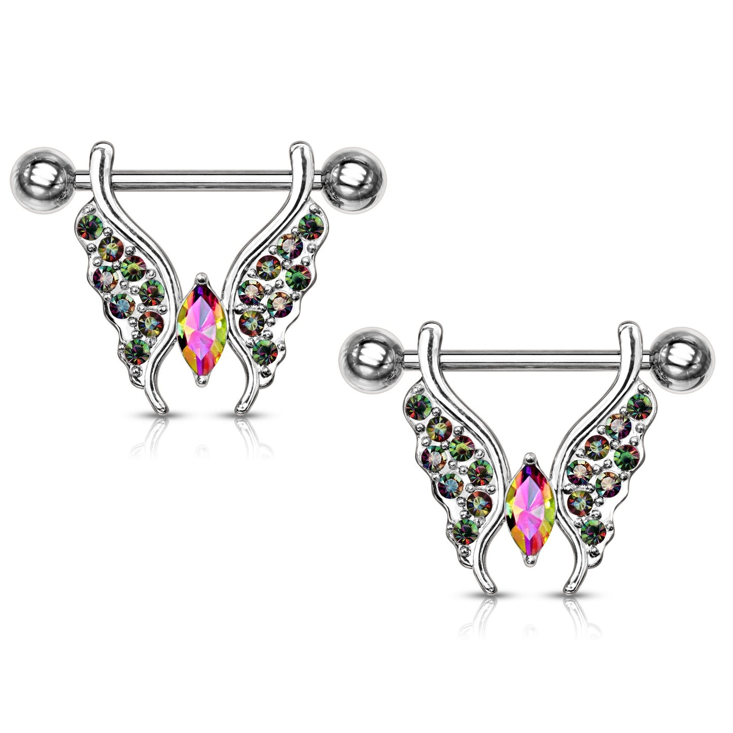 Crystal Paved Butterfly Nipple Barbells - Stainless Steel - Pair