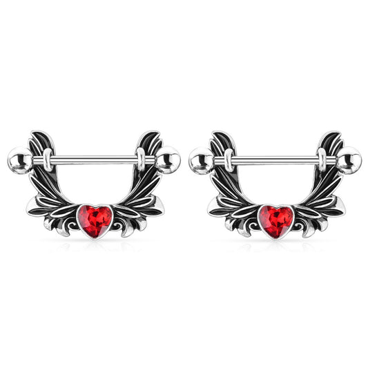 Angel Wings with CZ Crystal Heart Center Dangle Nipple Rings - Stainless Steel - Pair