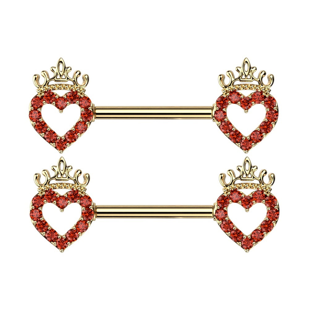 CZ Crystal Paved Hollow Heart and Crown Nipple Barbells - Stainless Steel - Pair