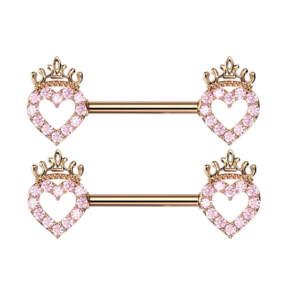 CZ Crystal Paved Hollow Heart and Crown Nipple Barbells - Stainless Steel - Pair