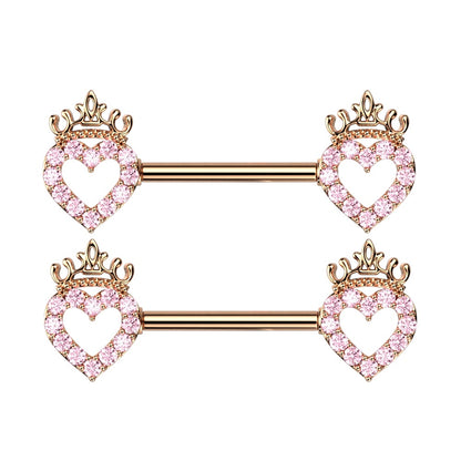 CZ Crystal Paved Hollow Heart and Crown Nipple Barbells - Stainless Steel - Pair