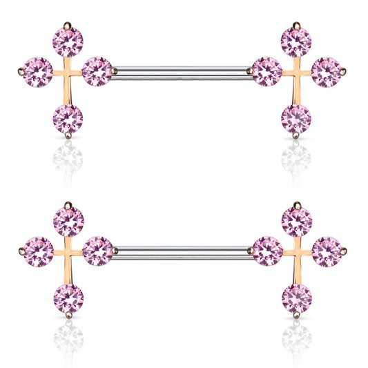 CZ Cross Ends Nipple Barbells - Pair - 316L Stainless Steel
