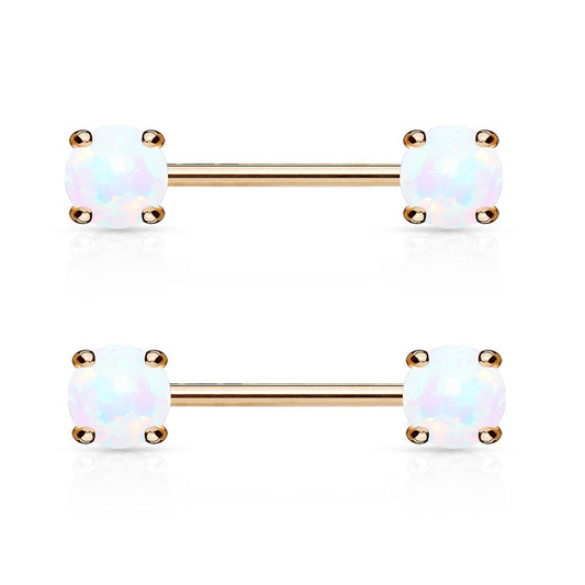 Front Facing Synthetic Opal Rose Gold Plated Nipple Barbells - Stainless Steel - Pair