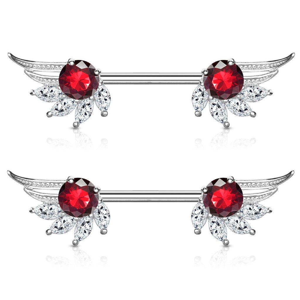 CZ Crystal Angel Wing Nipple Barbells - Pair - 316L Stainless Steel