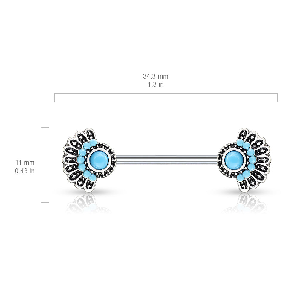 Synthetic Turquoise Set Tribal Fan Nipple Barbells - Stainless Steel - Pair