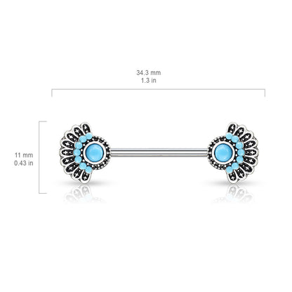 Synthetic Turquoise Set Tribal Fan Nipple Barbells - Stainless Steel - Pair