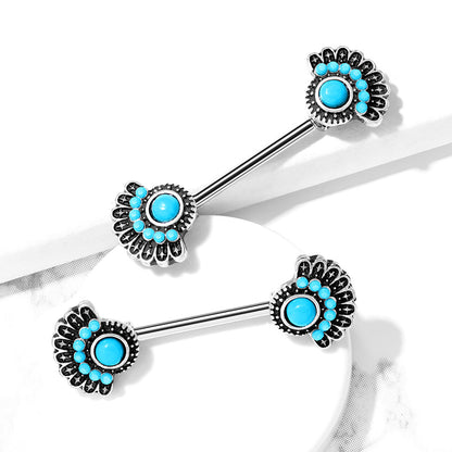 Synthetic Turquoise Set Tribal Fan Nipple Barbells - Stainless Steel - Pair