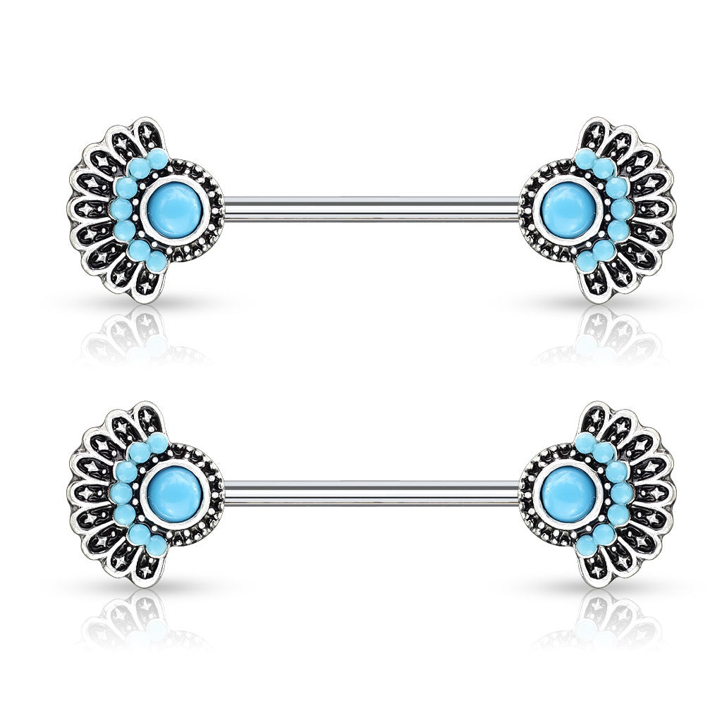 Synthetic Turquoise Set Tribal Fan Nipple Barbells - Stainless Steel - Pair