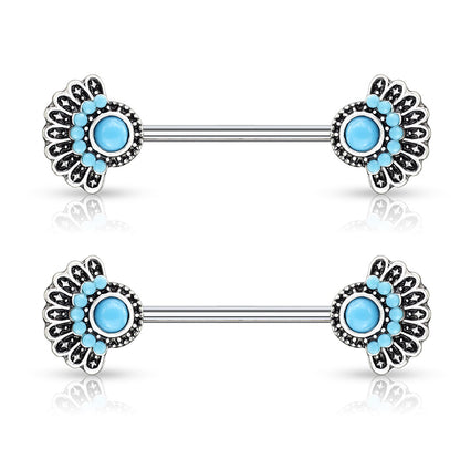 Synthetic Turquoise Set Tribal Fan Nipple Barbells - Stainless Steel - Pair