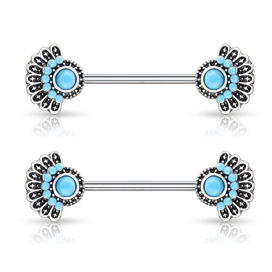 Synthetic Turquoise Set Tribal Fan Nipple Barbells - Stainless Steel - Pair