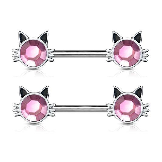 Pink Rhinestone Center Cat Face Nipple Barbells - Stainless Steel - Pair