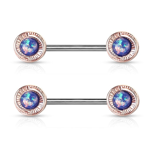 Synthetic Opal Glitter Centered Nipple Barbells - Pair - Rose Gold Plated 316L Stainless Steel