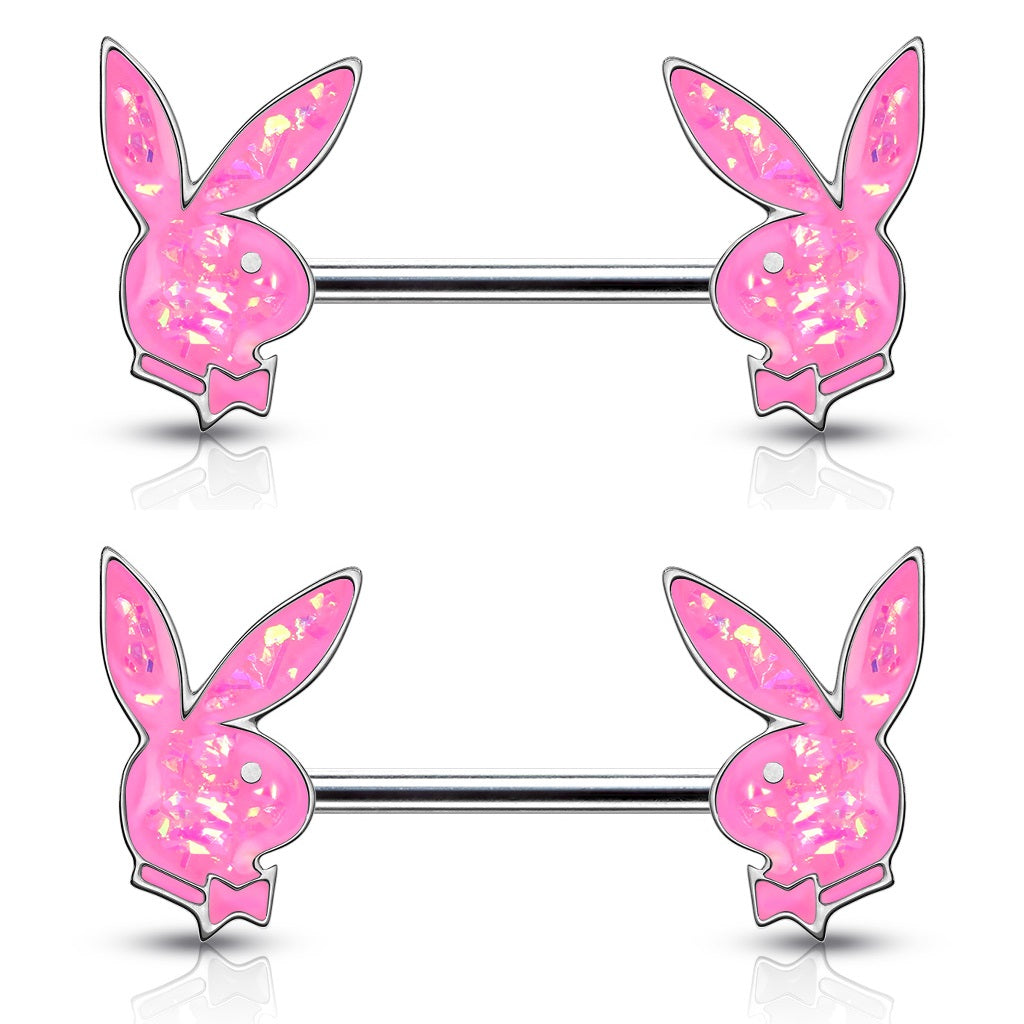 Synthetic Opal Glitter Playboy Bunny Nipple Barbells - Pair - 316L Stainless Steel