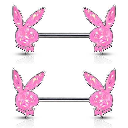 Synthetic Opal Glitter Playboy Bunny Nipple Barbells - Pair - 316L Stainless Steel