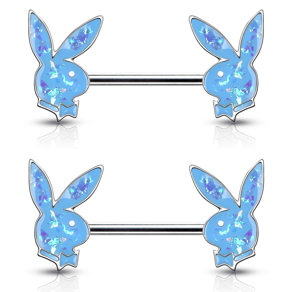 Synthetic Opal Glitter Playboy Bunny Nipple Barbells - Pair - 316L Stainless Steel