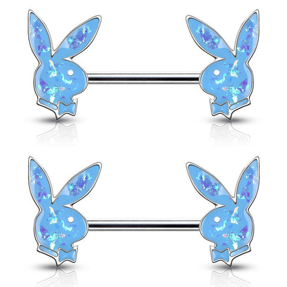 Synthetic Opal Glitter Playboy Bunny Nipple Barbells - Pair - 316L Stainless Steel