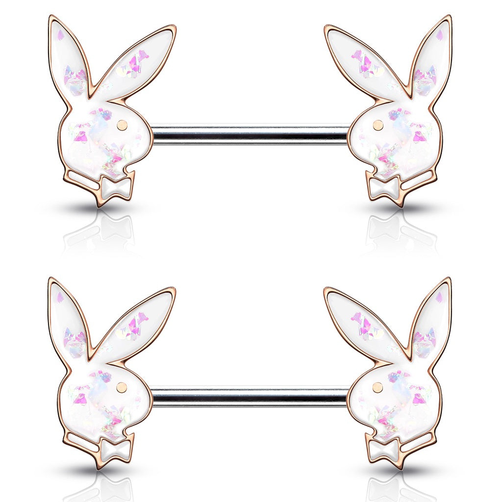 Synthetic Opal Glitter Playboy Bunny Nipple Barbells - Pair - 316L Stainless Steel