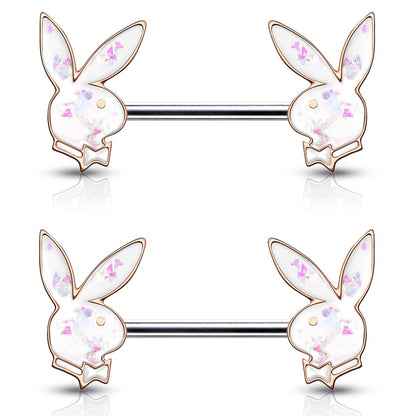 Synthetic Opal Glitter Playboy Bunny Nipple Barbells - Pair - 316L Stainless Steel